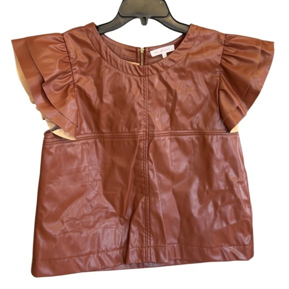 Ces‎ Femme Faux Leather Top Brown Ruffle Sleeve Zip Back Edgy Moto Womens Large